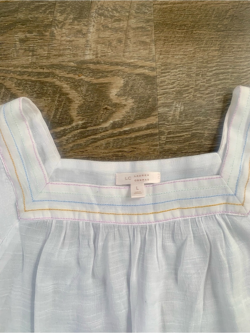 LC Lauren Conrad Peasant Embroidered White Top with Pastel Trim